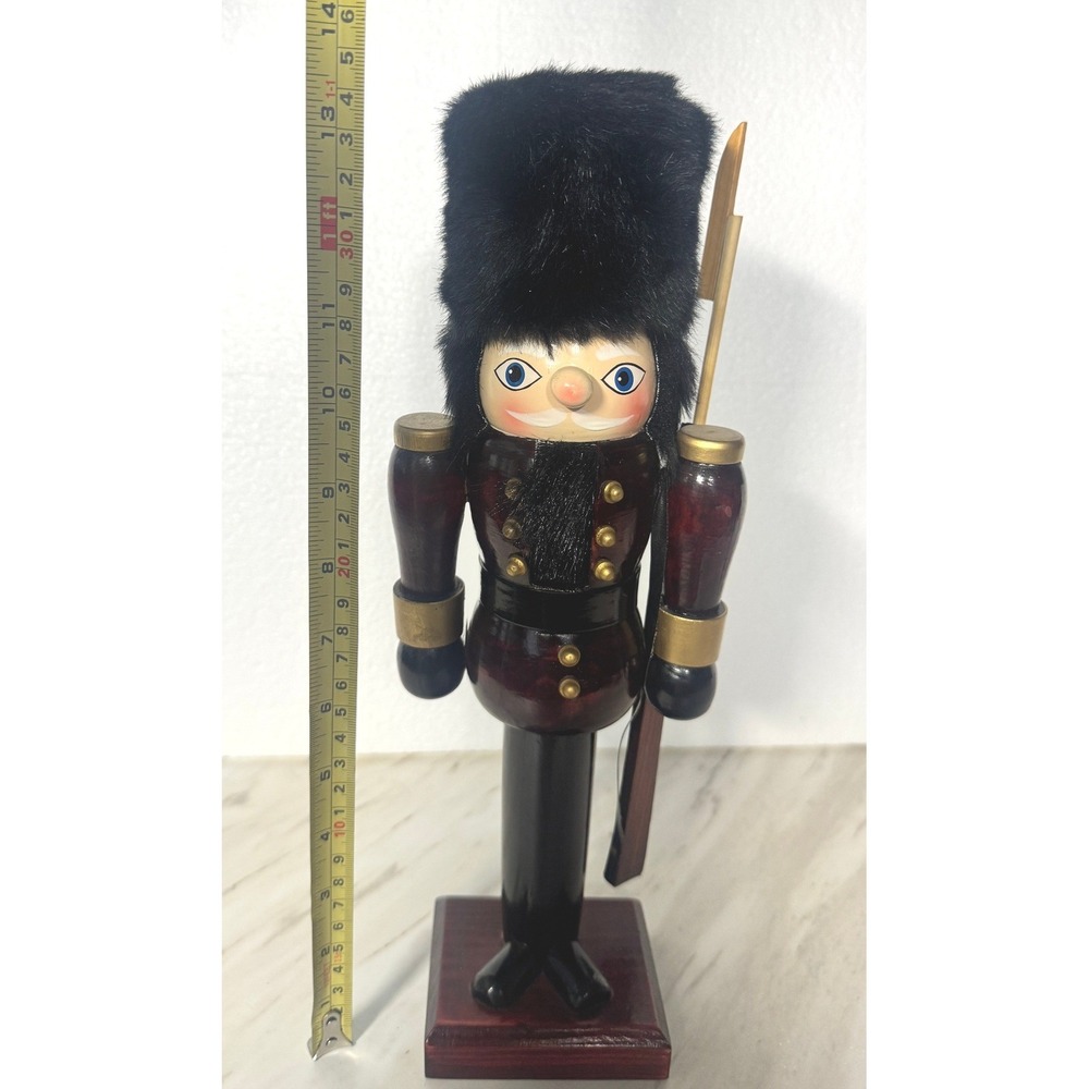 Vintage Wooden Soldier Nutcracker Christmas Decor 14 Inch Faux Fur Hat Rifle